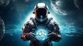 Futuristic astronaut holding cosmic glowing energy sphere with multiple moons and nebulous backdrop, symbolizing cosmic