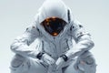 Futuristic astronaut in a sleek white suit squats in a minimalistic environment, showcasing advanced technology and Royalty Free Stock Photo