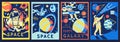 Futuristic astronaut posters. Cosmonaut in outer space. Abstract banners set with psychedelic shapes and universe