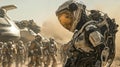 Futuristic astronauts and robots exploring alien planet with dust storm background and advanced spacecraft technology