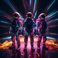 Futuristic astronauts or spacemen with colorful neon light