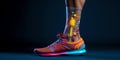 Futuristic athletic shoe showcasing transparent anatomy design on a runner's foot. vibrant colors, modern style