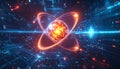 Futuristic atom model with glowing nucleus and orbiting electrons in a digital matrix atomic Royalty Free Stock Photo