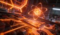 Futuristic atomic structure hologram glowing over a complex circuit board with orange neon lights Royalty Free Stock Photo