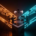 Futuristic audio and video recording studio setup. Central triangular table with Royalty Free Stock Photo
