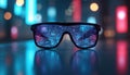 Futuristic augmented reality glasses display digital holographic interface on smooth surface. Tech eyewear with advanced Royalty Free Stock Photo