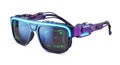 Futuristic augmented reality smart glasses with blue and purple frame displaying digital city map interface on screen with glowing Royalty Free Stock Photo