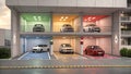Futuristic automated car parking system, multi-level colored bays. Royalty Free Stock Photo