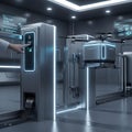 Futuristic automated drone charging station with glowing blue lights and a hand interacting with a digital interface Royalty Free Stock Photo