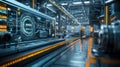 Futuristic automated factory interior with advanced robotics and digital interfaces