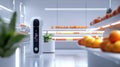 Futuristic automated grocery store with smart vending machine and fresh produce displays