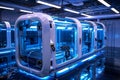 Futuristic Automated Production Line with Advanced Blue-Lit Enclosures