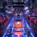 Futuristic automated production line. Glowing red liquid inside a transparent cylinder is precisely manipulated by a robotic arm