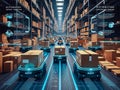 Futuristic Automated Retail Warehouse with AGV Robots.