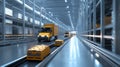 A futuristic automated warehouse featuring autonomous trucks and robot delivery systems for efficient and streamlined logistics