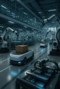 A futuristic automated warehouse with robotic arms and autonomous vehicles transporting boxes, showcasing advanced Royalty Free Stock Photo