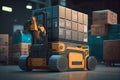 Futuristic automatic Forklift truck with pallets and boxes loading in the warehouse. Cardboard Boxes on Pallet. Royalty Free Stock Photo