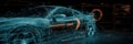 Futuristic automotive engineering concept with a glowing blue wireframe car model and orange digital interface data HUD elements Royalty Free Stock Photo