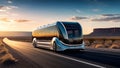 Futuristic autonomous bus driving on a sunny desert highway at sunset