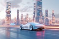 Futuristic autonomous car driving on a highway in a digitalized smart city during sunset. Autonomous electric car