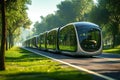 Futuristic autonomous electric public transport on a road of a green eco city. Smart vehicle concept