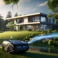 Futuristic autonomous lawnmower at work outside a modern villa. merging technology with lifestyle. AI