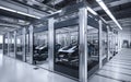 Futuristic autonomous manufacturing factory. Conceptual fully automated car production and final assembly line. Generative AI
