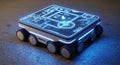 Futuristic autonomous mobile robot with glowing blue circuitry and six wheels on a textured surface Royalty Free Stock Photo