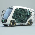 Futuristic autonomous vehicle with visible circuit board design showcasing advanced technology and innovation in transportation
