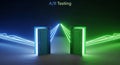 Futuristic A B testing concept with two glowing neon doors representing choice Royalty Free Stock Photo