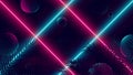 Futuristic background with bright red and blue neon rays, color reflex on balls and silhouettes of tropical leaves, vector Royalty Free Stock Photo