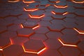 Futuristic background consisting of flaming hexagons arranged on a plane Royalty Free Stock Photo