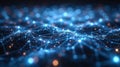 A futuristic background with a cybernetic grid with glowing lines and nodes against a dark backdrop. Concept: technology and data
