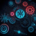 Futuristic Background with Floating Gears, Quantum Equations, and Neon Physics Symbols