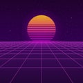 Futuristic background the 80s. New retro wave. Sunset sun on retro cyber surface. Royalty Free Stock Photo