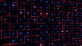 Futuristic background of signals moving across blue and red circuit board. Animation. Circuit Board with flares