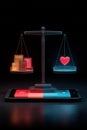 Futuristic balance comparing digital devices and a glowing heart on a smartphone Royalty Free Stock Photo