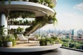 A futuristic balcony with urban gardening in a modern city