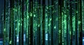 Futuristic Bamboo Forest with Green Digital Binary Code Rain Royalty Free Stock Photo