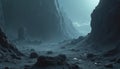 Futuristic base stands on dark, desolate asteroid surface. Rocky mountains rise under moody sky. Small stream flows through Royalty Free Stock Photo