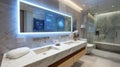 Futuristic bathroom with smart mirror technology and elegant marble design Royalty Free Stock Photo