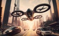 Futuristic battery-powered eVTOL air taxi flying over the traffic in the city. Sustainable electric flying car concept and Urban