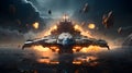 Futuristic battle scene with a battleship. Galactic Futuristic Sci-Fi Battle Ship in an Intergalactic Space War. Generative AI