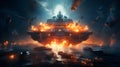 Futuristic battle scene with a battleship. Galactic Futuristic Sci-Fi Battle Ship in an Intergalactic Space War.Generative AI