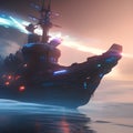 Futuristic battleship on the water