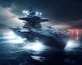 Futuristic battleship going through the water