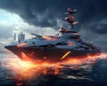 Futuristic battleship going through the water