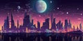 Futuristic beautiful pixel city with big moon and planets