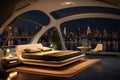 Futuristic bedroom ambiance, 3D rendering, and romantic cityscape backdrop