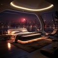 Futuristic bedroom ambiance, 3D rendering, and romantic cityscape backdrop